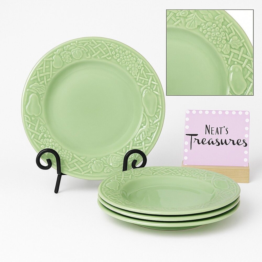 1995 Newcor Stoneware FRUIT Lattice Rim Light Pale Green Dinner Plates Set of 4